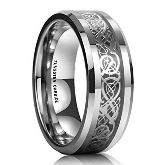 Wedding Rings for Men 8mm Silver Celtic Tungsten Band w Silver Black Carbon