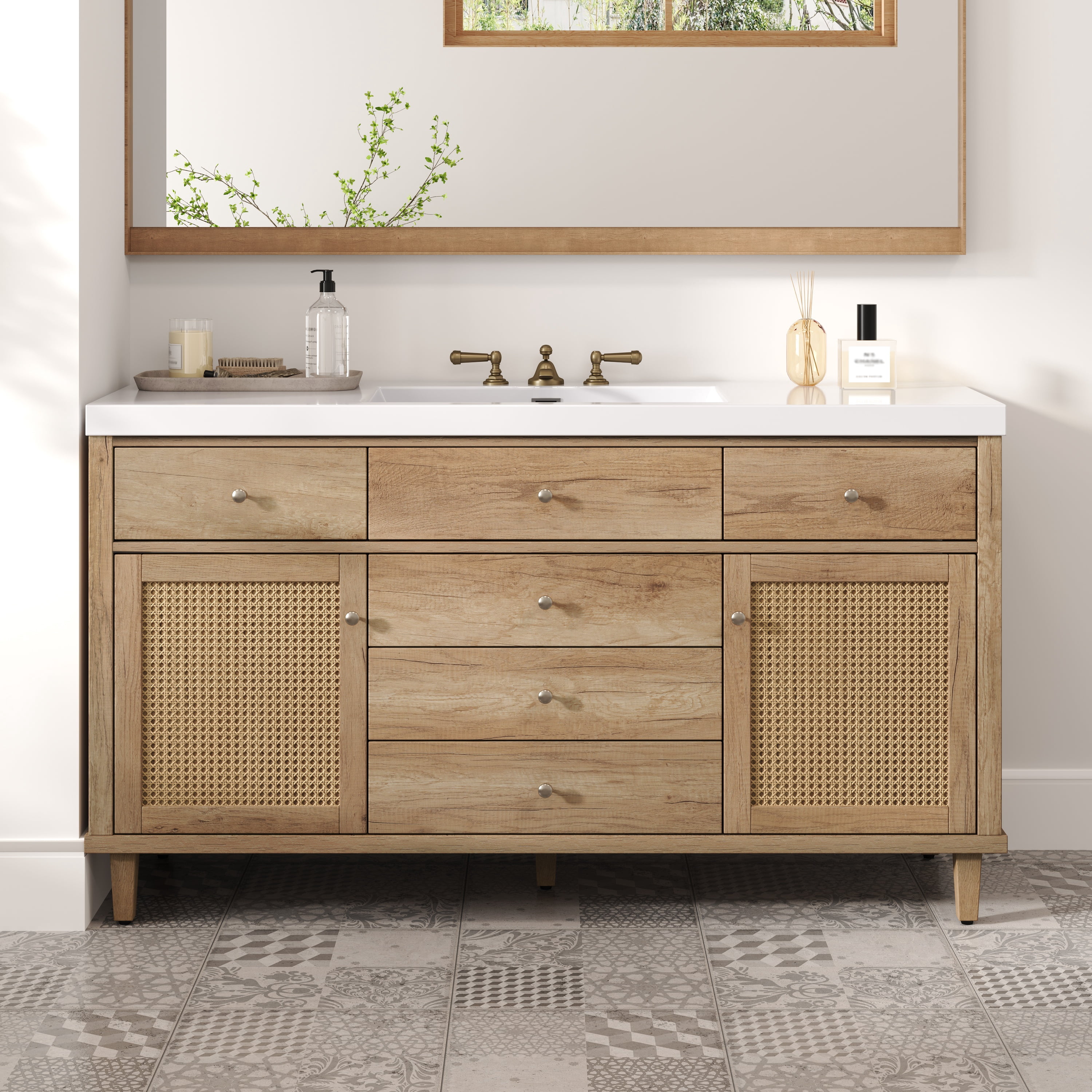 Euroco 60" Bathroom Vanity with SMC Sink, Modern Large Storage Bathroom Storage Cabinet with Soft Close Drawers and Rattan Doors, Silver Metal Knobs and 5 Pine Legs, Natural