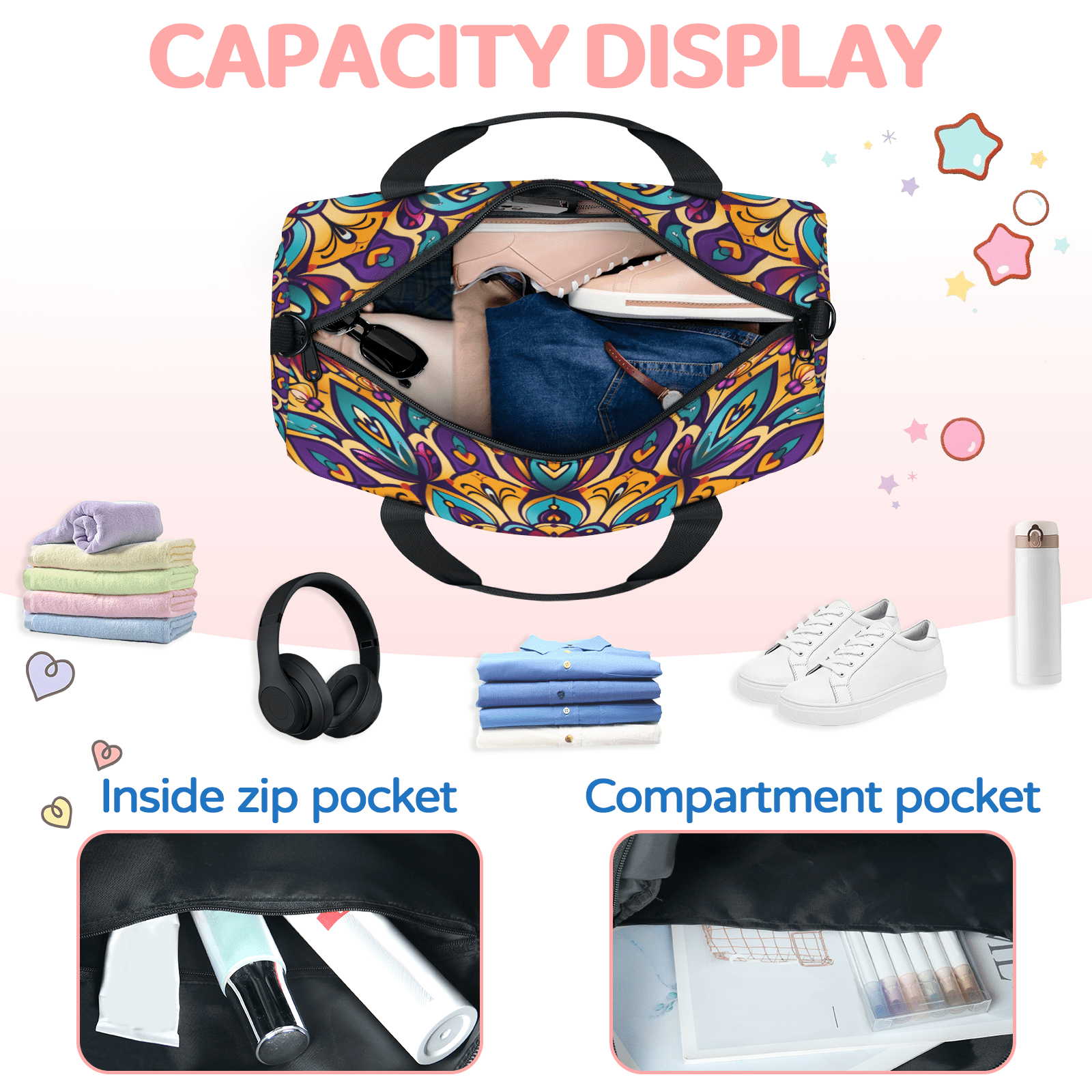 Herdesigns Floral Mandala Gym Bag for Women, Duffle Bag for Travel Sport, Lightweight Waterproof Carry on Weekender Overnight Dance Yoga Workout Bags