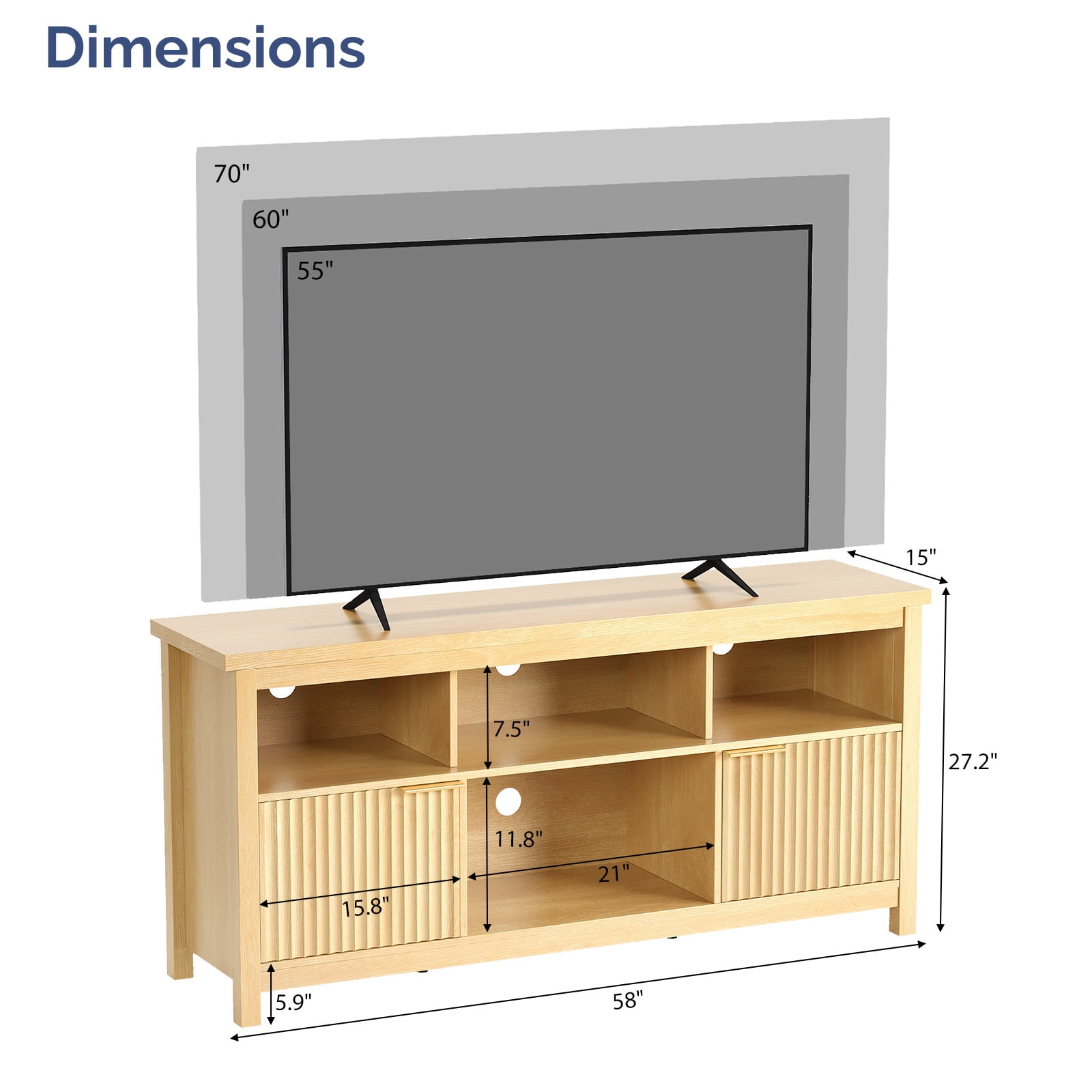 TV Stand with 4 Open Cubbies & 2 Fluted Hinged Storage Doors, Adjustable Inner Shelves, Cable Management Holes, Media Console Cabinet for Living Room Bedroom, 58.07" x 14.96" x 27.36"
