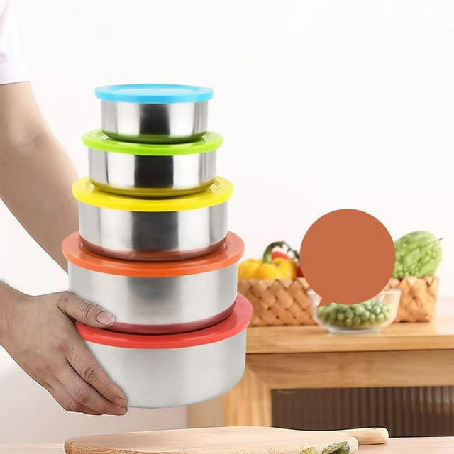 Juego de 5 Tazones de Acero Inoxidable con Tapas Herméticas de Colores | Contenedores de Almacenamiento de Alimentos de 285 Ml a 1430 Ml para La Cocina y La Preparación de Comidas