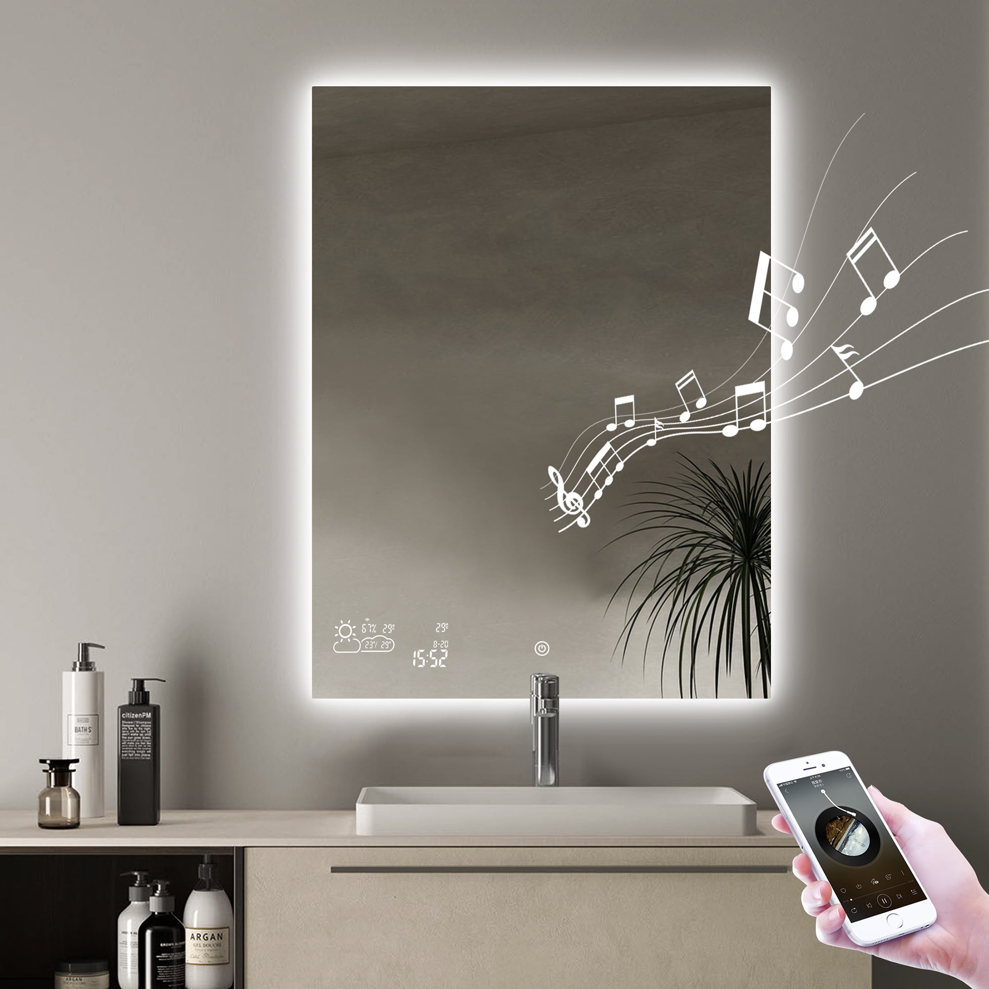 BYECOLD Espejo de baño inteligente de 24 x 32 pulgadas con pantalla  meteorológica habilitada para Bluetooth Wi-Fi, sin niebla, espejo de  tocador con
