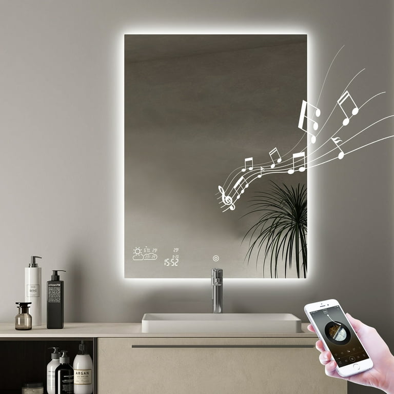 BYECOLD LED Bathroom Mirror with Bluetooth Speaker Backlit LED Smart Vanity  Mirrors with Weather Forecast Clock Function Anti-fog Lighted Mirror
