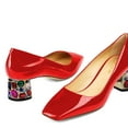 thumbnail image 4 of YDN Women Graceful Square Closed Toe Slip On Pumps Rhinestone Studded Block Low Heels Dance Prom Dressy Shoes Size 7 Red, 4 of 4
