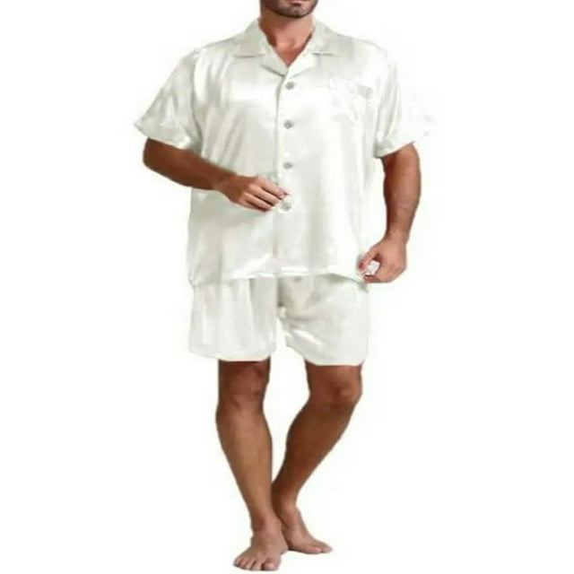 Men Summer Pajamas Set Solid Color Button Top+Short Pants Sleepwear