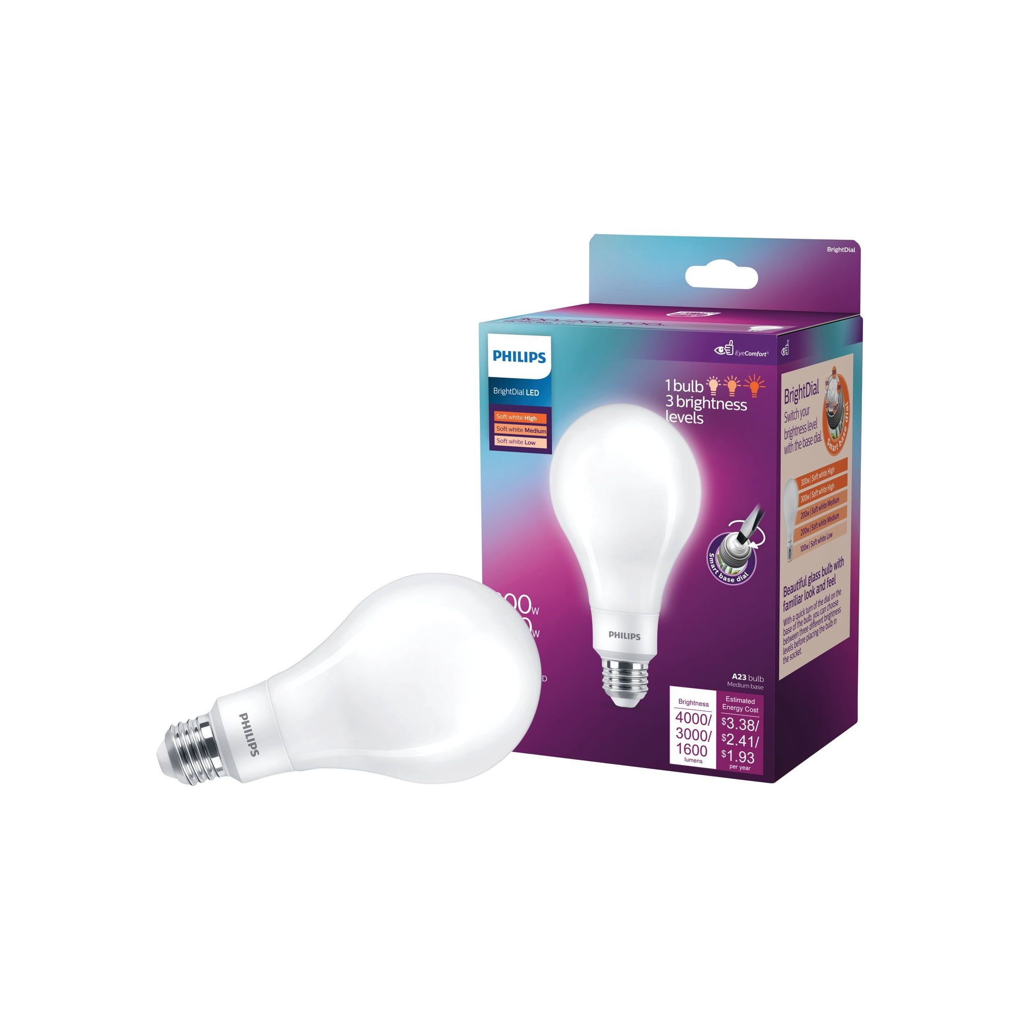 Philips BrightDial 300/200/100W Equivalent Soft White A23 Medium LED Light Bulb