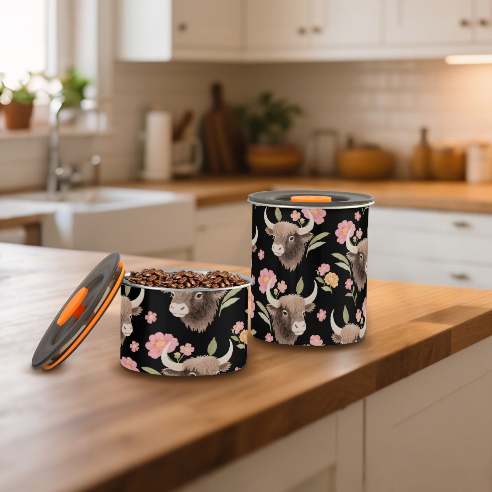 Cute Yak Flowers Airtight Coffee Bean Canister 30oz Food Storage Containers with Lids For Gournd, Tea, Sugar, Flour, Rice, Cereal, Candy Cookie Jar