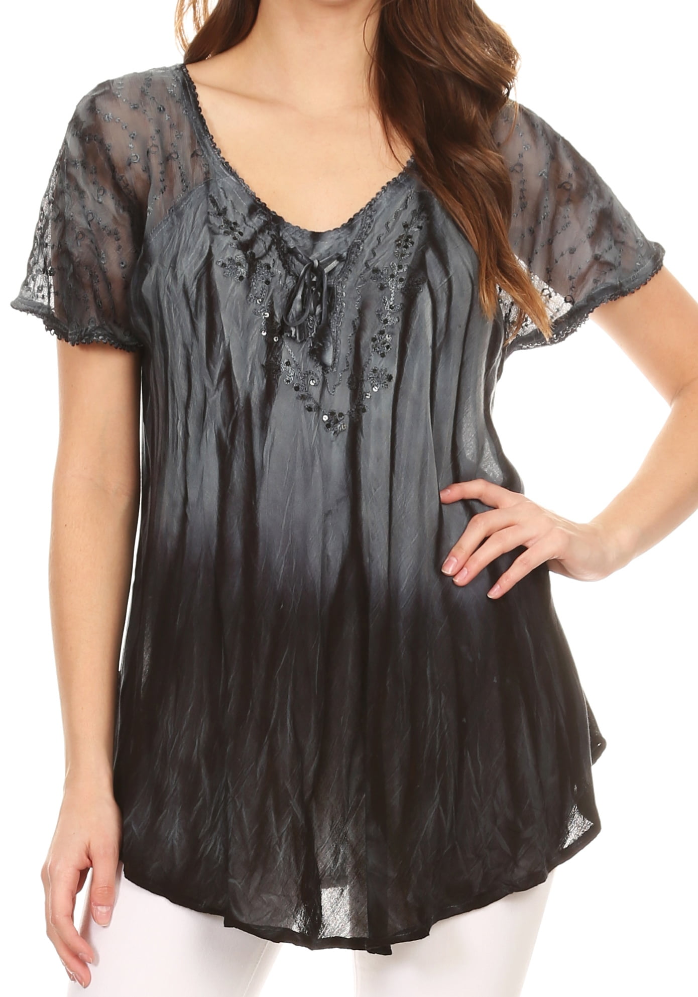 Sakkas - Sakkas Siri Ombre Tie Dye Embroidered Sheer Cap Sleeve Relaxed Fit Tunic Top - 8-Grey 