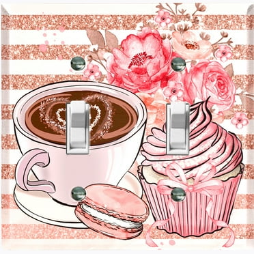 Metal Light Switch Wall Plate Outlet Cover (Coffee Mocha Espresso Heart Cupcake Macaron Flower Bouquet Pink - Double Toggle)