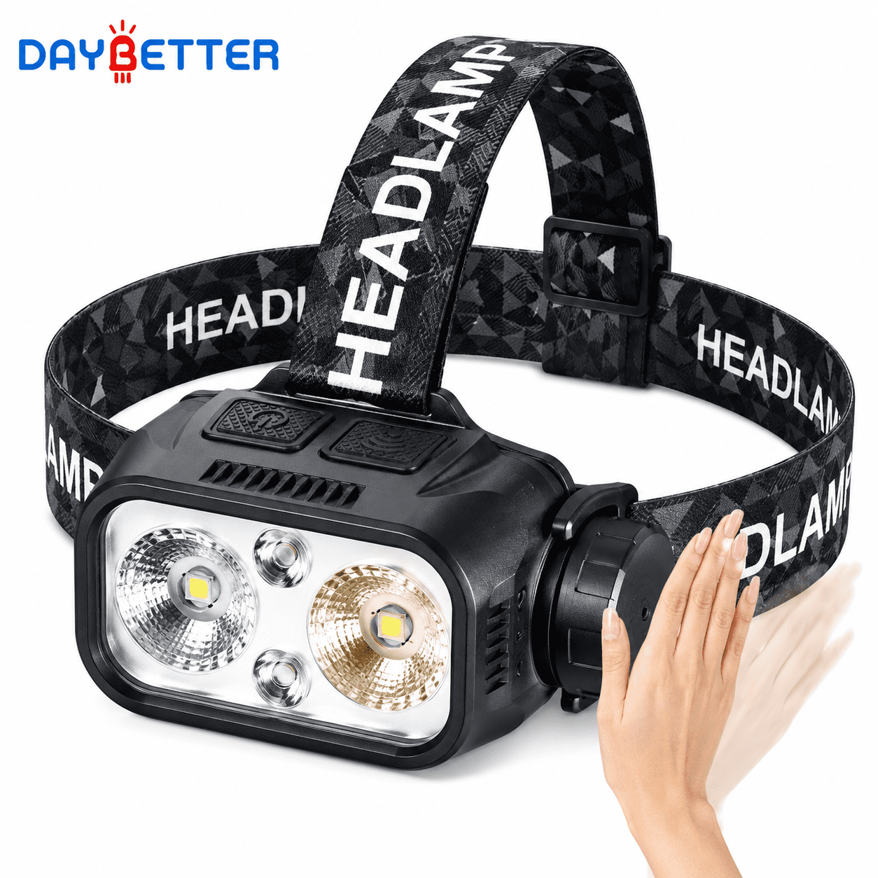 DAYBETTER LED Headlamp with White/Yellow Lighting, 9 Modes, Motion Sensor, Type-C Chargeable, Waterproof for Camping, Hiking, Fishing, Running