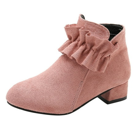 Huesdet Girls Ankle Boots Suede Leather Side Zipper Low Heels Dress Shoes short(Pink 4.5-5 Years)