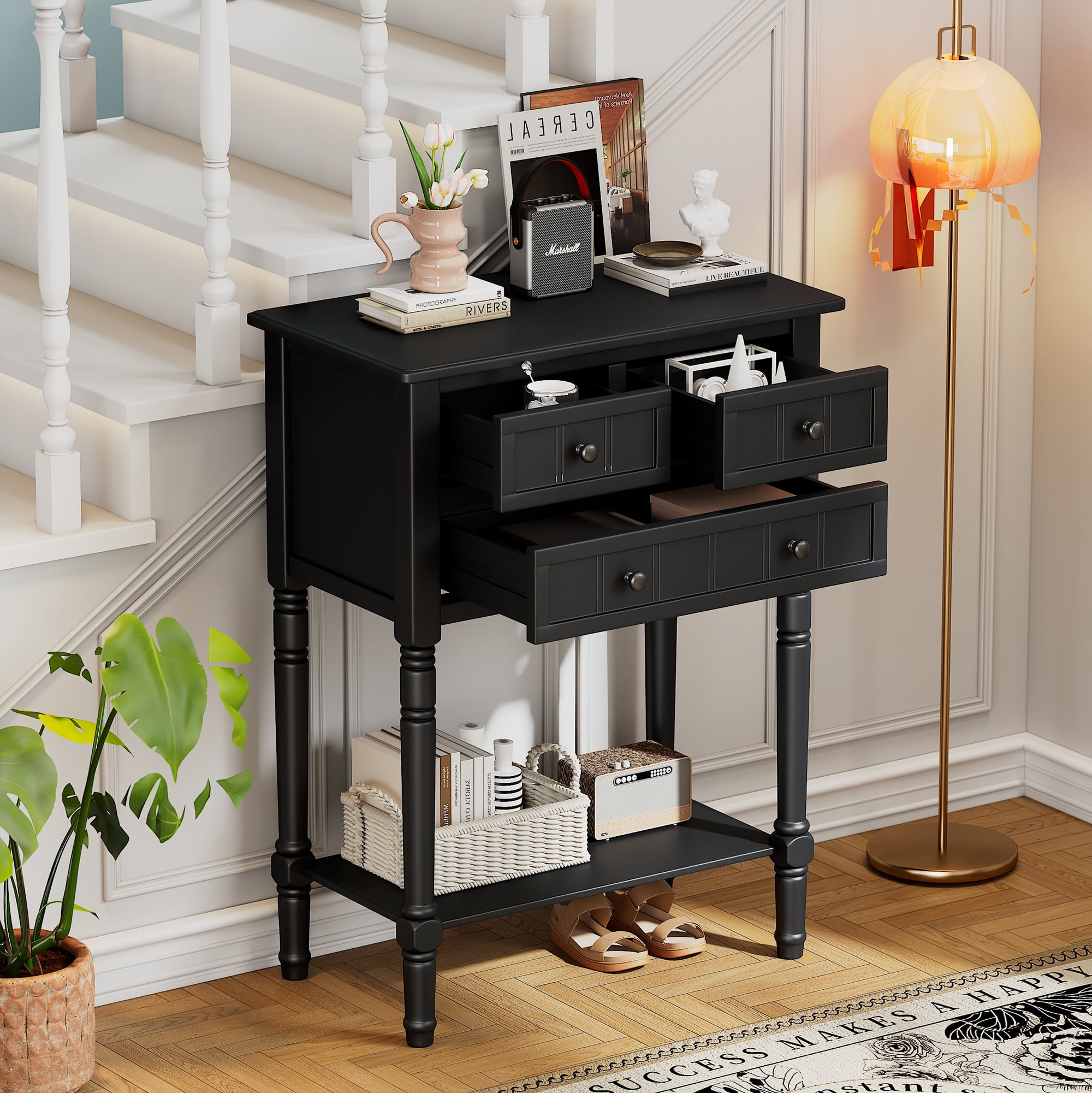 Harper & Bright Designs Narrow Console Table with Storage Drawers and Bottom Shelf for Entryway Living Room, Retro Console Table for Small Space, Black