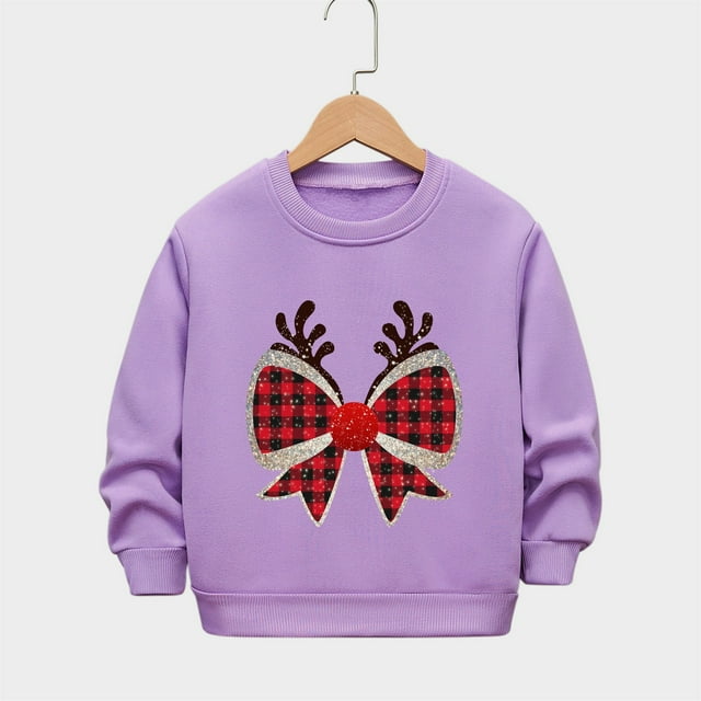 Cowsor Chandails en Molleton pour Filles Enfants Mignon Graphique Col Rond Chandail Tops Xmas Manches Longues Chemises de Vacances