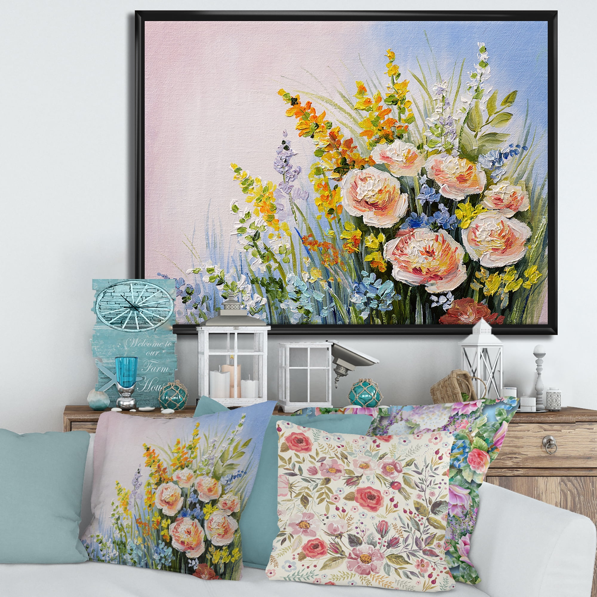 Yellow and Pink Summer Wildflowers 20 in x 12 in Framed Painting Canvas Art Print, by Designart