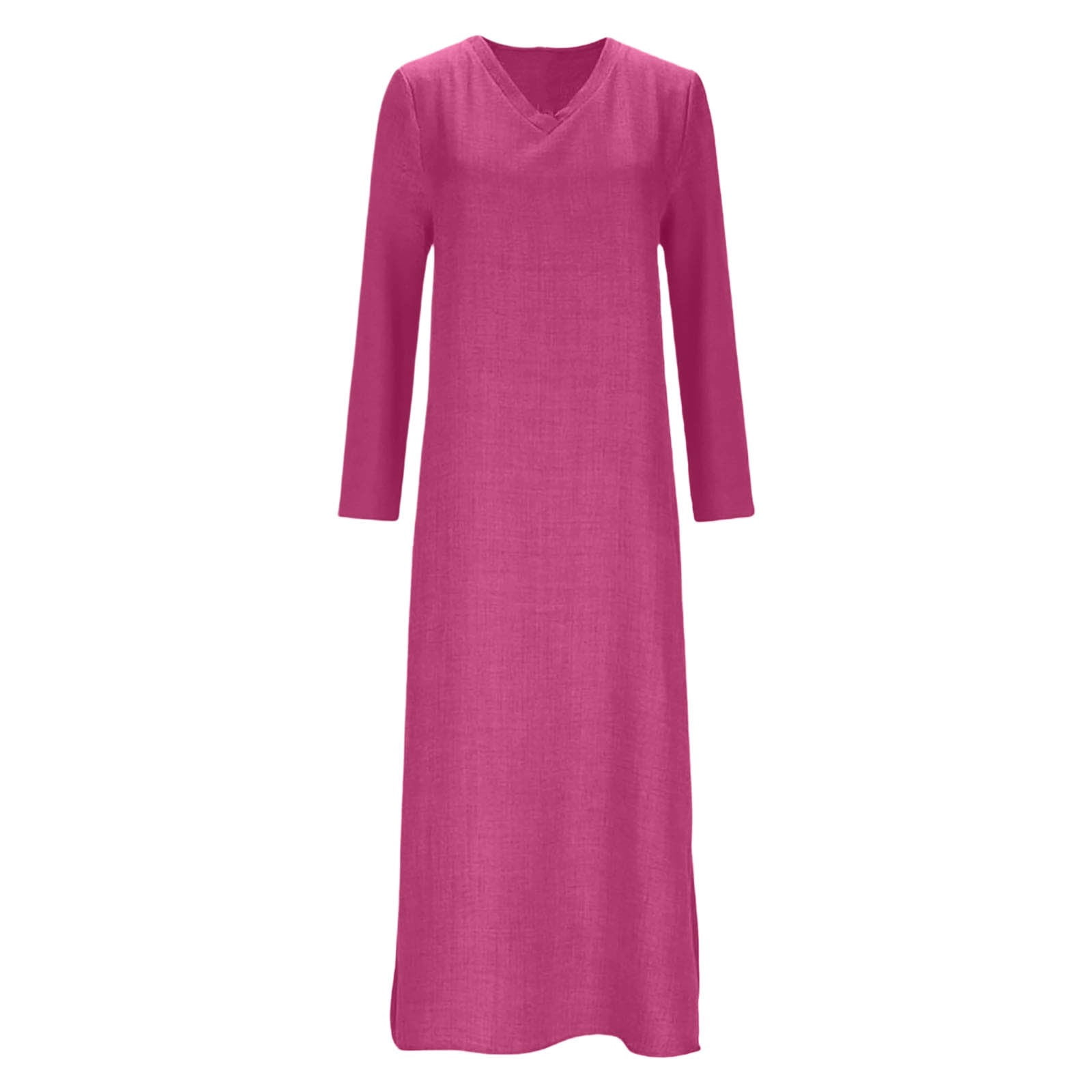 LIIPEE Women Dresses Solid Color Loose Long Sleeve V Neck A-Line Midi Sundress Woman Versatile Climbing Hiking Camping Cycling Dress,Hot Pink,M