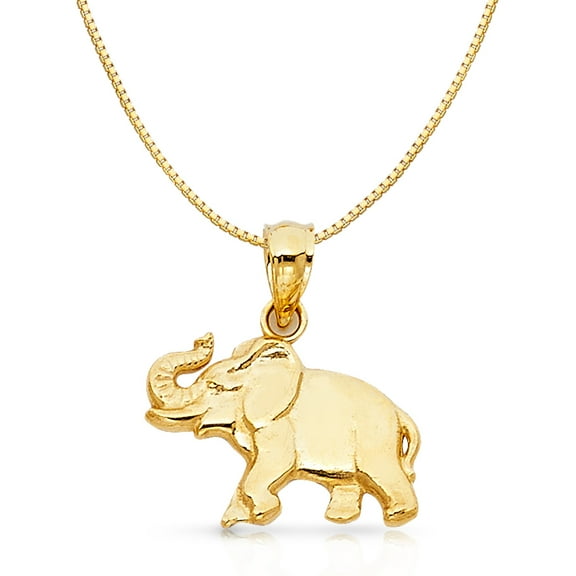 14K Yellow Solid Gold Elephant Charm Pendant with 1mm Box Chain Necklace