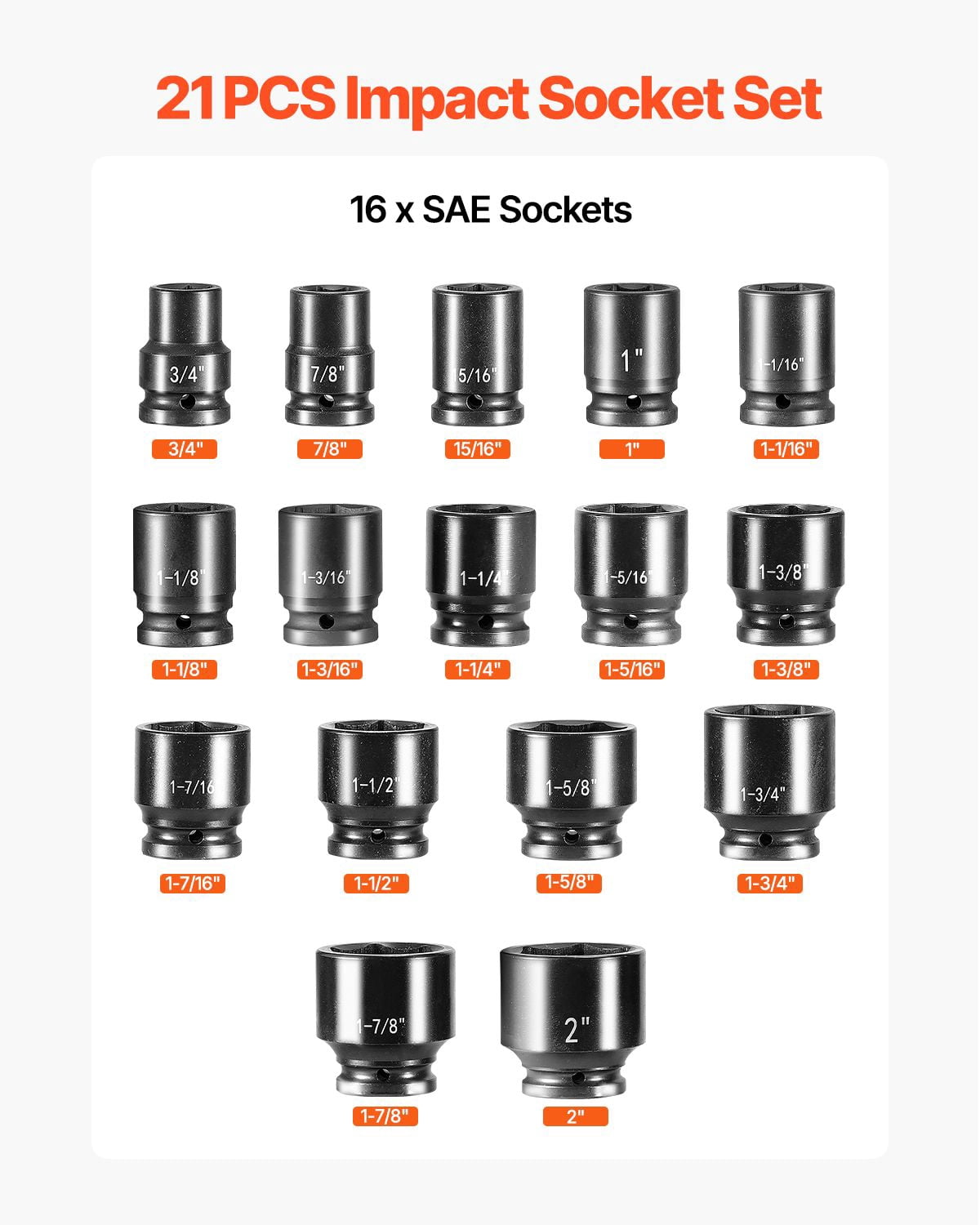 21-Pc SAE Impact Socket Set – 3/4" to 2" Sizes – 3/4" Drive, Durable Cr-Mo Alloy
