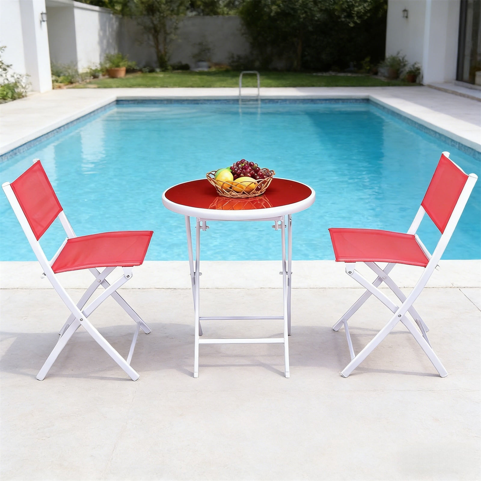 Hommoo 3 Pcs Patio Folding Bistro Set, Balcony Outdoor Folding Table Chairs Set, Red