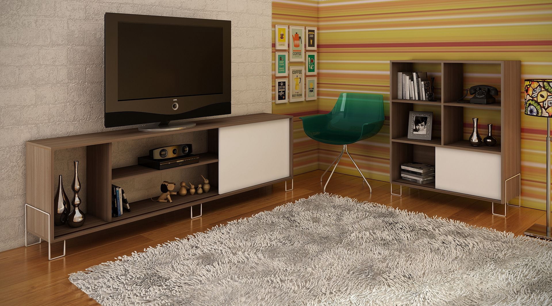 Manhattan Comfort Eye- catching Nacka TV Stand 1.0 with 4 Shelves and 1 Sliding Door in an Oak Frame with a White Door and Feet