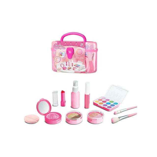 Pink Girls Pretend Makeup Kit, Safe Plastic Materials, Storage Box, For Imaginative Play And Developmental Skill Building