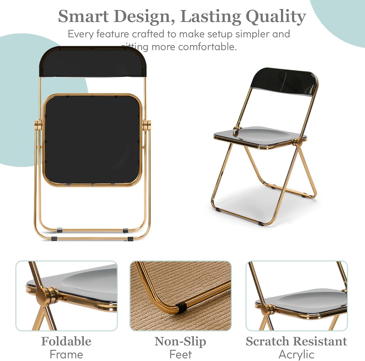 EventStable Clear Acrylic Folding Chair with Electroplate Gold Frame, Lightweight Portable Seating Stackable Comfortable Chair for Indoor Outdoor Dining, Events & Parties - Onyx - 4-Pack