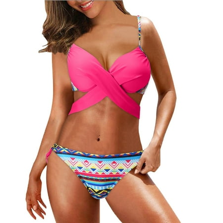 

Women Beachwear Bikini Printed Sporty Set Swimsuit Stitching Color Filled Bra Swimwear Bohemia Tropical Sunbath Swim Wear