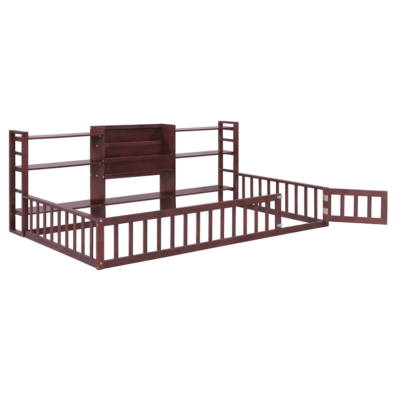 Twin Size Floor Bed with Integrated Bookcase and 3-Tier Storage Shelves, Low Profile Wood Toddler Bed Montessori Bed with Safety Guardrails for Boys Girls
