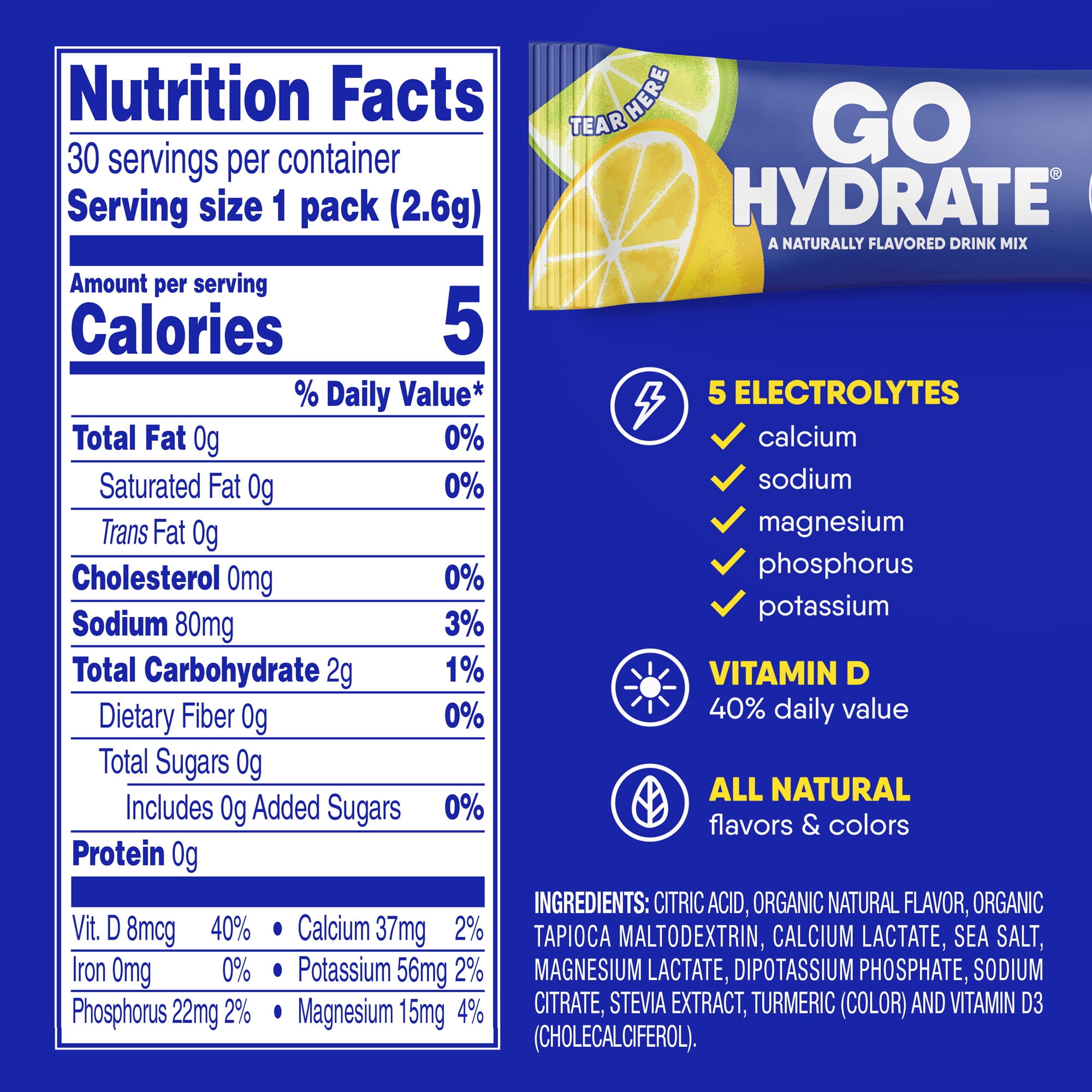 Electrolyte Hydration Drink Mix with Vitamin D, Non GMO Electrolyte Powder Hydration Pack, Lemon Citrus, 30 Hydration Powder Packets - GoHydrate