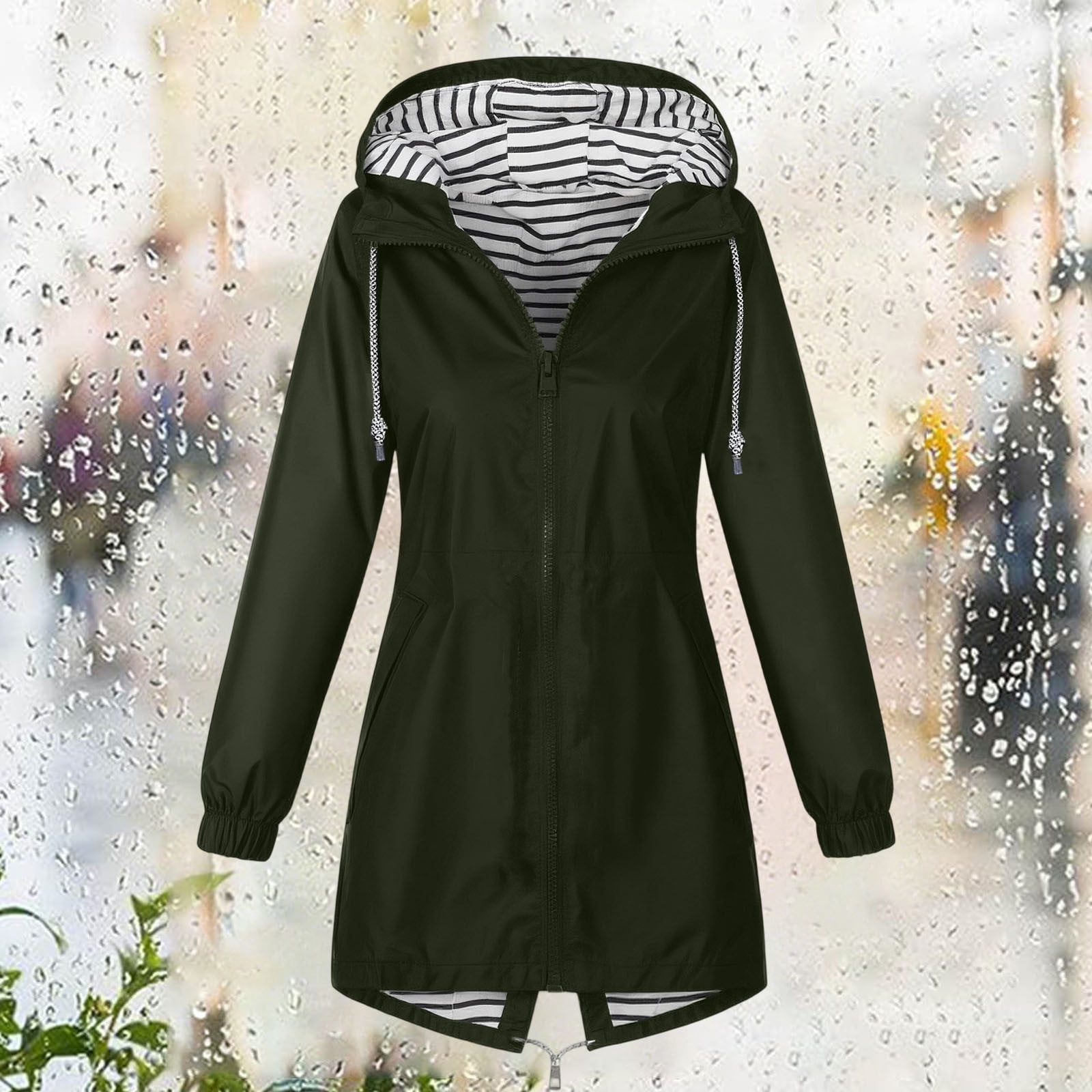 Horkkom Plus Size Rain Jackets for Women with Hood Pockets Drawstring Rain Coats Outdoor Waterproof Zip Up Hoodie XXL, Gifts for Women