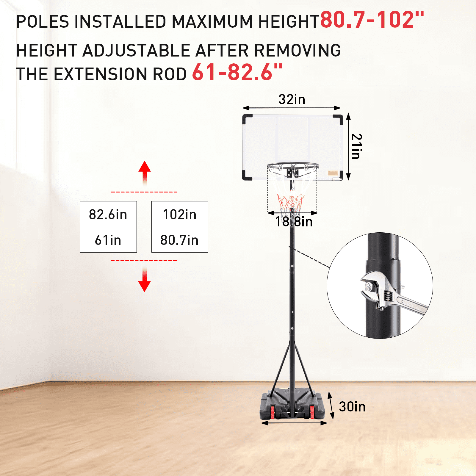 TrumanPick Portable Basketball Hoop Stand 5.1-8.5 Ft Adjustable Basketball Goal System for Kids Youth, Red