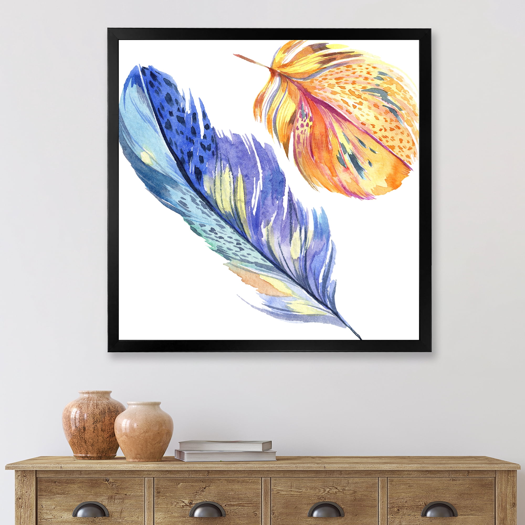 Designart 'Colorful Blue and Golden Bird Feather From Wing' Bohemian & Eclectic Framed Art Print