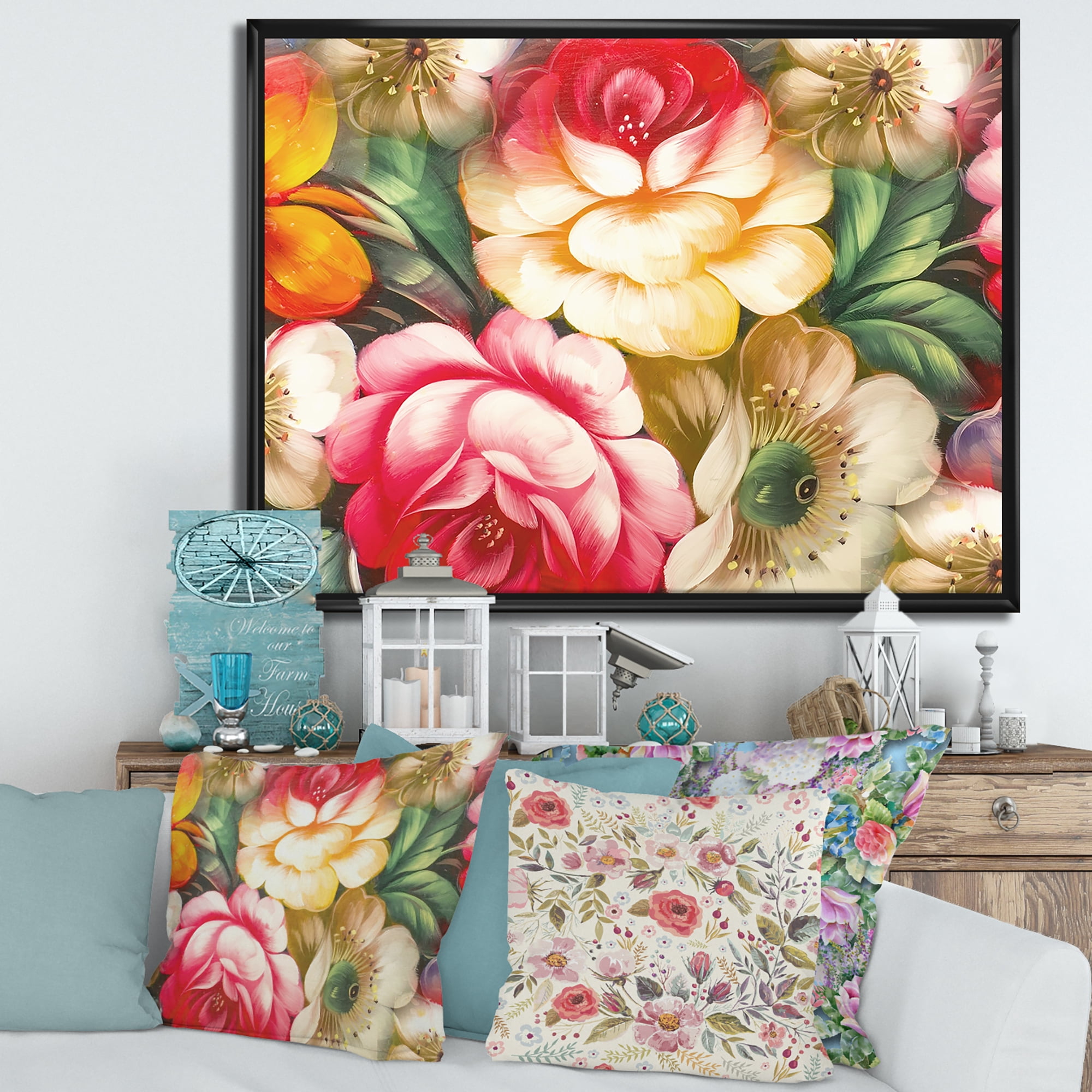 Designart 'Red and Yellow VIntage Flowers' Traditional Framed Canvas Wall Art Print