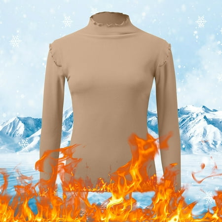 

Winter Tops For Women Crew Neck Fleece Lined Thermal Thermal Underwear Slim Tops Long Sleeve Thermal Shirts Thermal Underwear Top Khaki XL