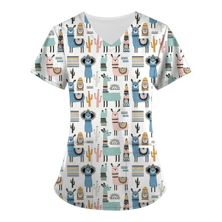 

Easter Scrubs Top for Women Workwear Revolution V-Neck Soft Stretch Shirts Casual Bunny Printed Lightweight T Shirts Uniform