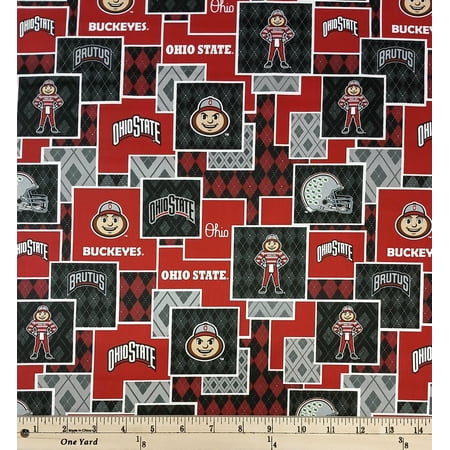 Cotton Ohio State University Argyle Boxes OSU Buckeyes Brutus Football Officially Licensed by Sykel Enterprises Red & Black Cotton Fabric Print by the Yard (OHS1371)