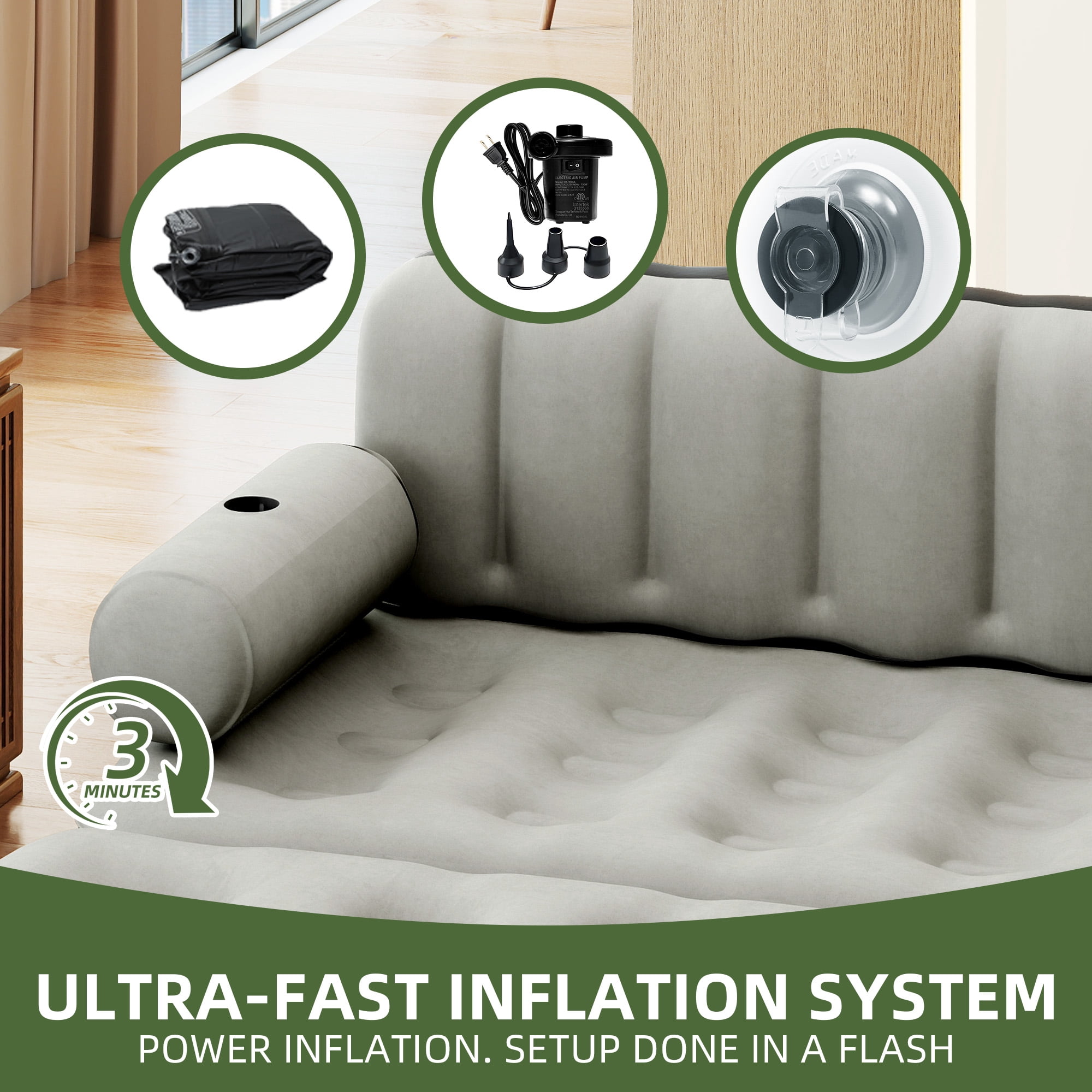 Uforic Queen Size Air Mattress with Built-in Air Pump, Black Bed Skirt and Gray Top Including Repair Kit and Storage Bag, Supports Inflation/Deflation