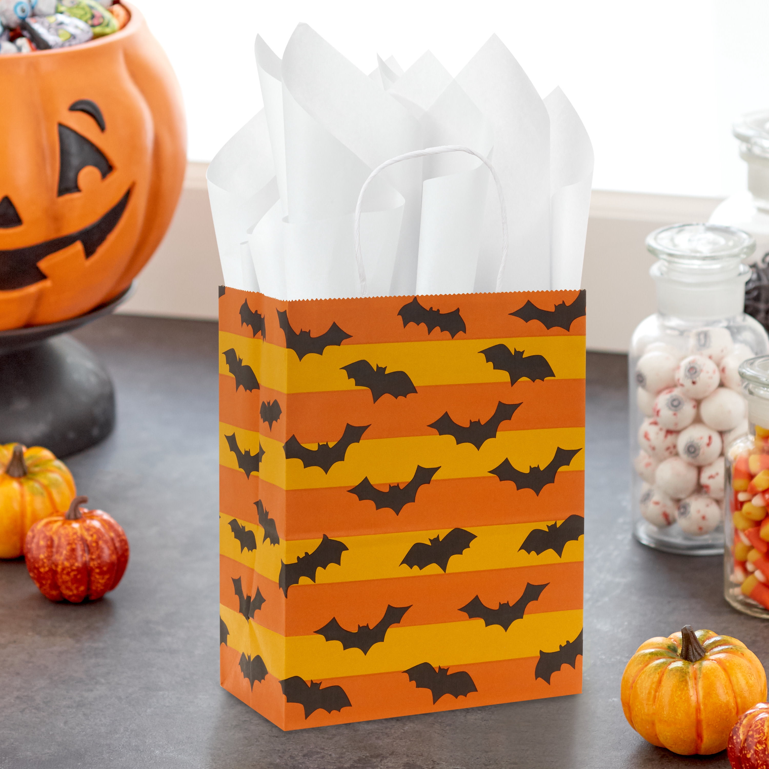Hallmark Medium Halloween Gift Bag (Orange Stripes with Bats), 1 Count