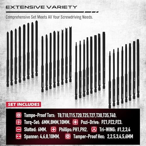 Extra Long Security Bit Set: 32-Piece S2 Steel Screwdriver Drill Bits for Tamper-Proof Screws, 6" Torx, PoziDriv, Spanner, Tri-Wing - Universal 1/4" Hex Shank for Electric, Impact Drills