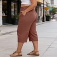 thumbnail image 4 of Vynhevius Plus Size Capri Pants for Women, Casual Summer Smocked Elastic High Waist Loose Wide Leg Cropped Pants with Pockets, 4 of 7