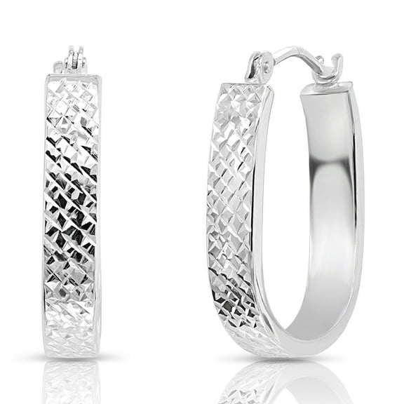 Tilo Jewelry 14K White Gold Hand Engraved X-Pattern Diamond Cut U-Shape Oval Hoop Earrings for Women