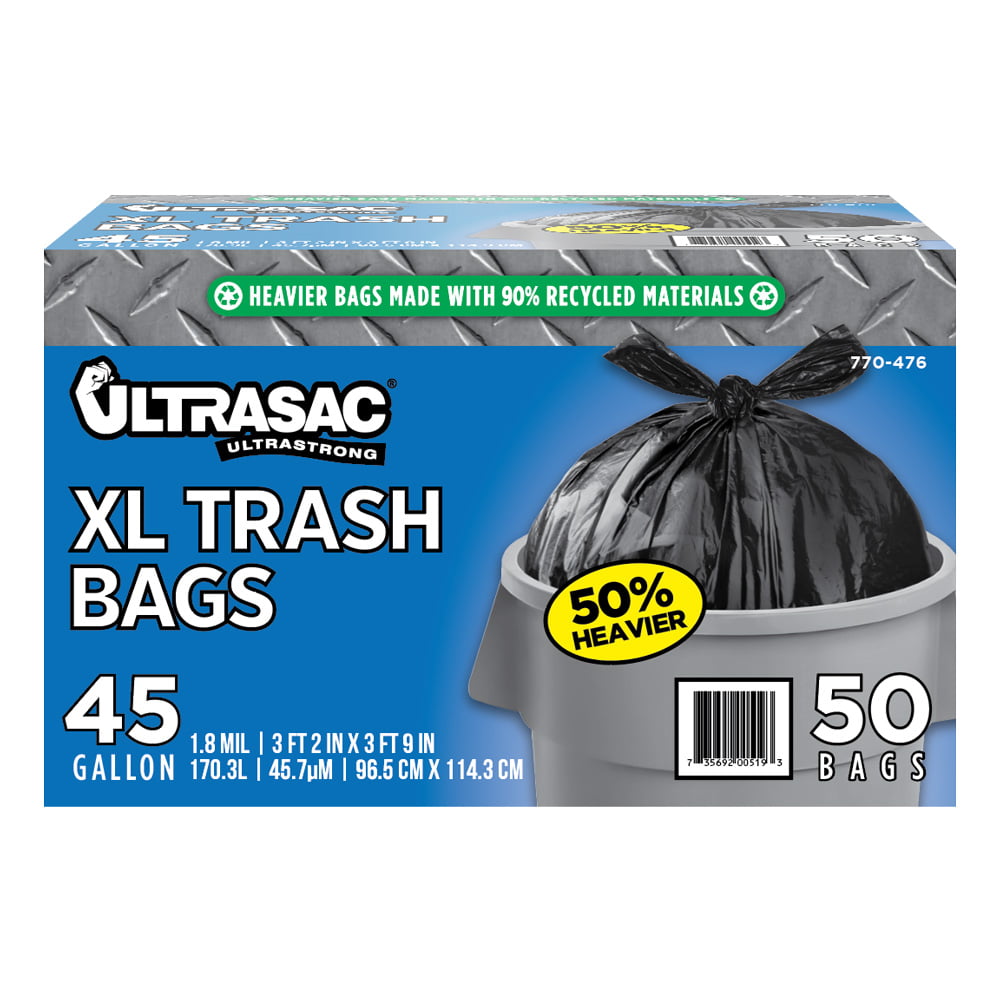 Huge 50 Count/w Ties x 1.8 MIL Heavy Duty 45 Gallon Trash Bags by Ultrasac