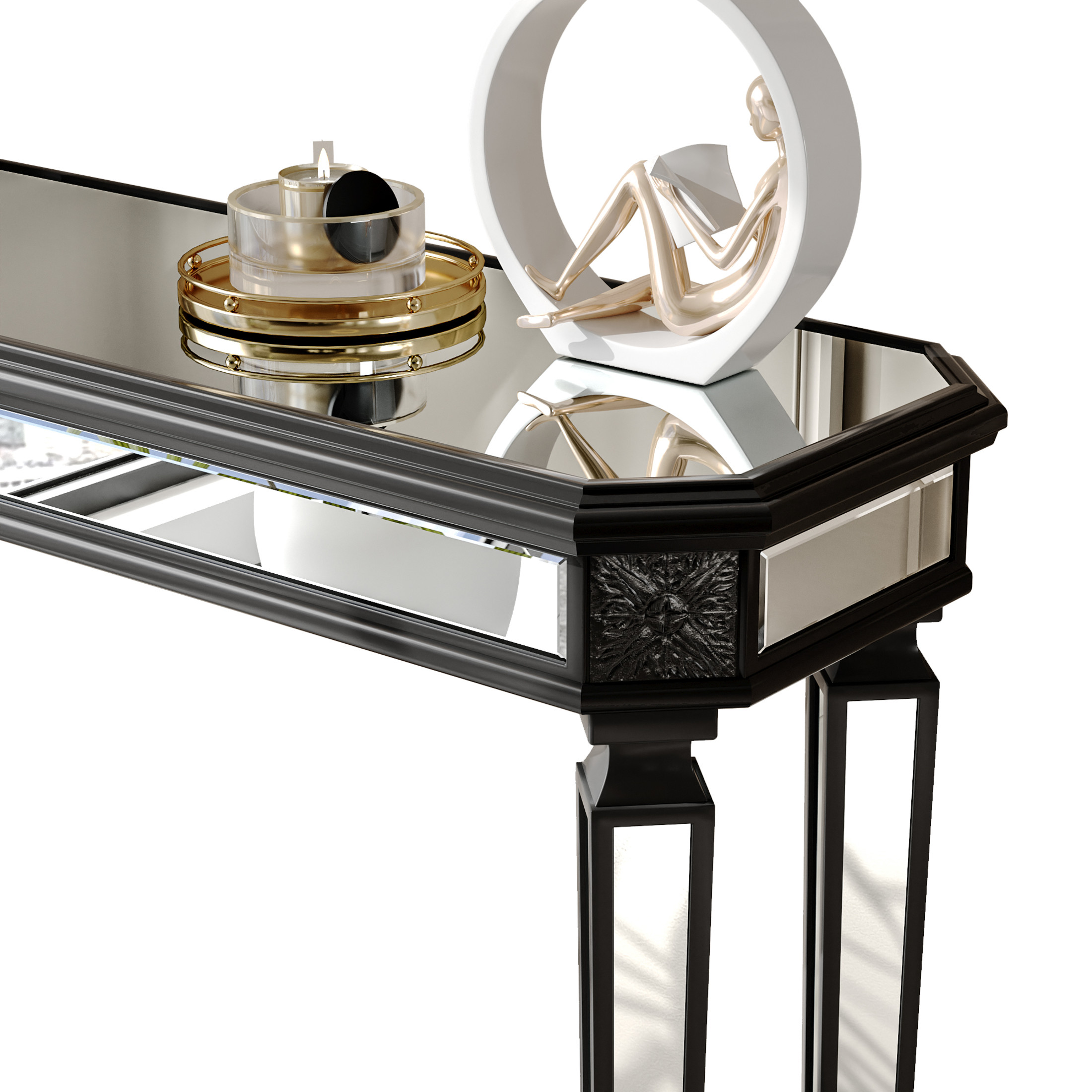 Noble House Black Mirror Console Table Vintage Wood Grain Carving Process Gorgeous and Noble for Entryway, Sofa Table,Living Room, Black+Silver