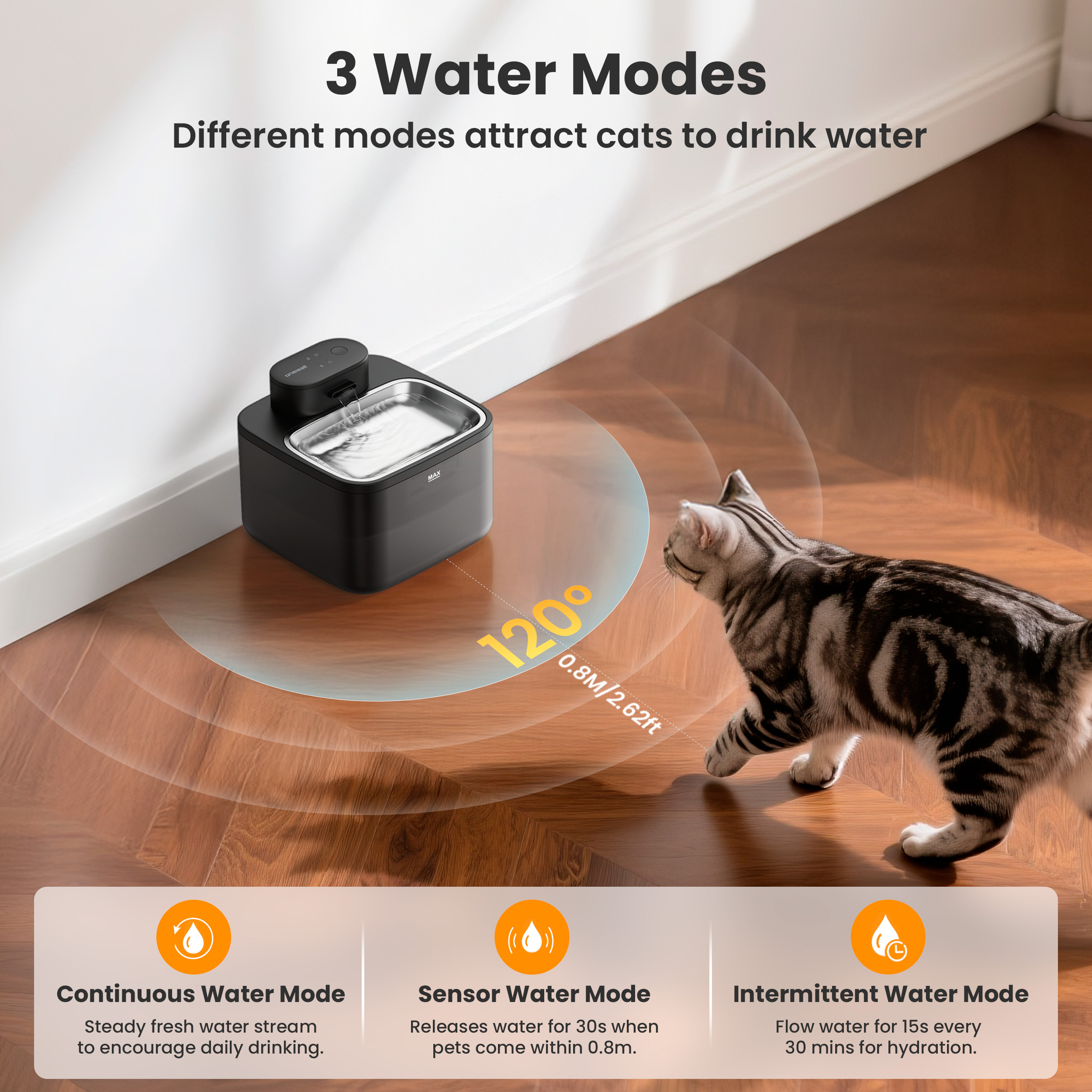 Oneisall CW-04 Wireless Cat Water Fountain, Stainless Steel, 2.2L photo 6