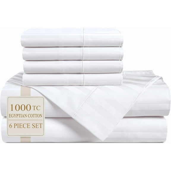 6 Pieces - Damask Stripe - Ultra Smooth Sateen Weave Bed Sheets with 15" Deep Pockets - 1000 Thread Count - Pure White Sheet Pack - 100% Egyptian Cotton Sheets King Size Pack