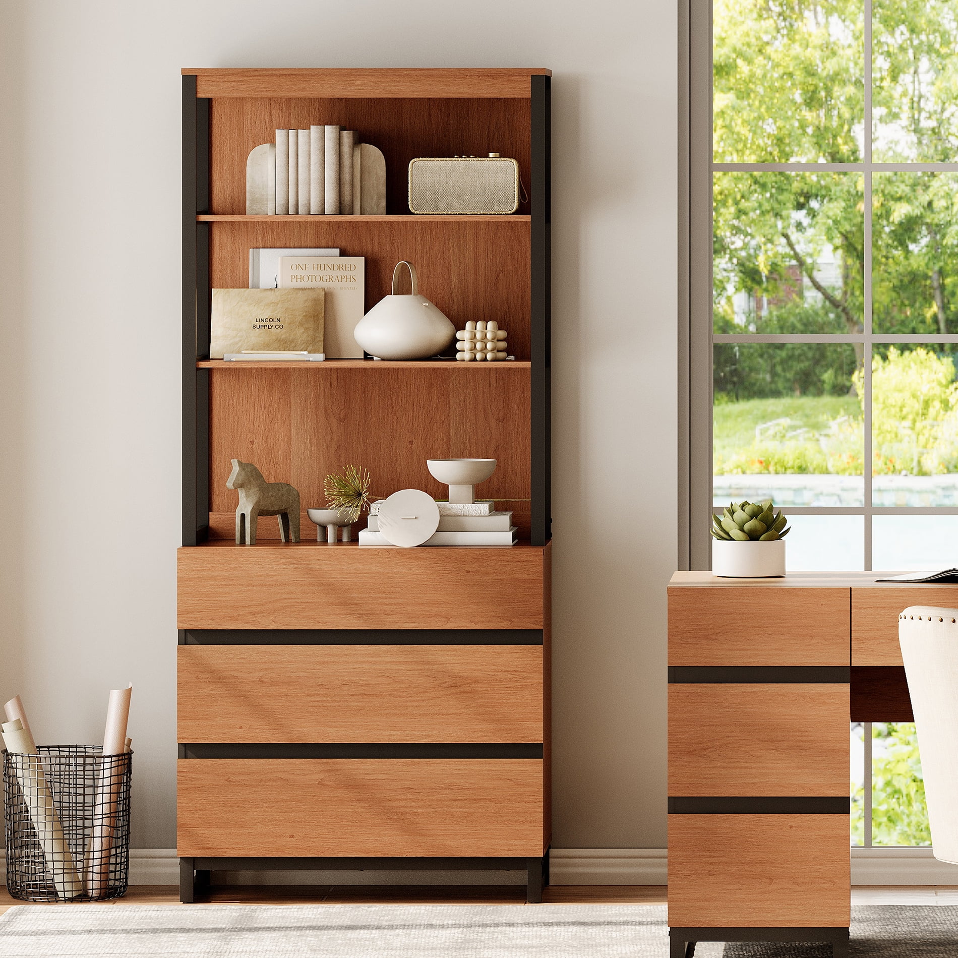 WAMPAT Modern 72" Tall Bookcase with 3 Drawers and Open Book Shelfs, Library Book Shelf with Storage Cabinet, Wood Freestanding Bookshelf for Home Office, Living Room, Mocha