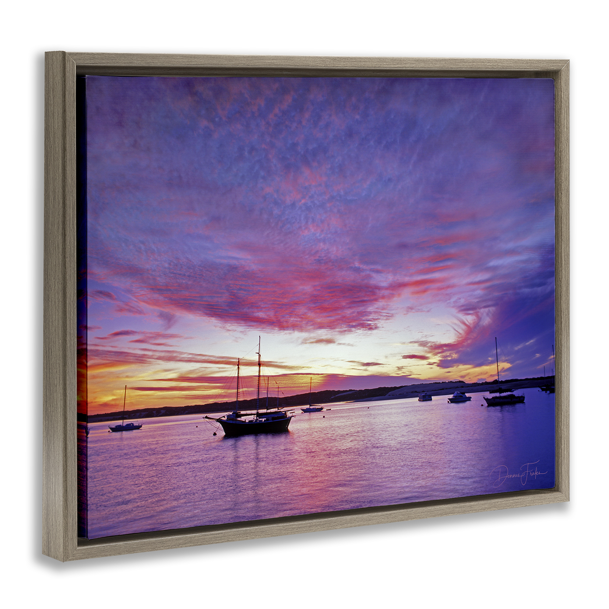 Stupell Industries Distant Boats at Sunset Transportation Photography Brown Floater Framed Canvas Art Print Wall Art, 31 x 25