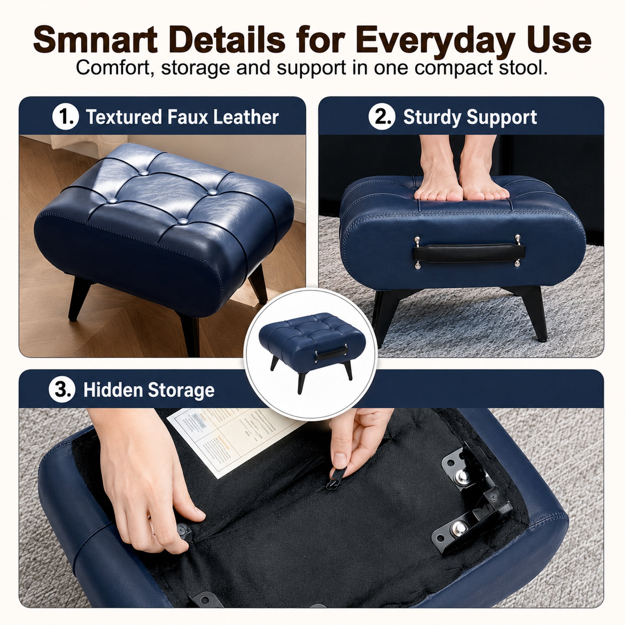 Leumius Leather Stool with Portable Handles and Metal Legs, Modern Minimalist Square Footrest with Hidden Storage Space for Living Room Blue