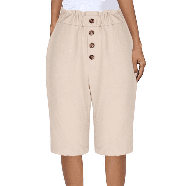Pantalones Rectos de Pierna para Mujer, con Cintura Alta Elástica Fruncida, Pantalones Deportivos, Pantalones Cortos con Bolsillos, Color Albaricoque XXL