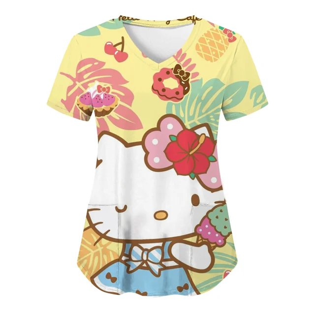 RWJDXD RWJDXD Uniforme d'Infirmière, Blouses Hello Kitty pour Femmes, Imprimé Cartoon, Manches Courtes, Poches, Uniformes Médicaux