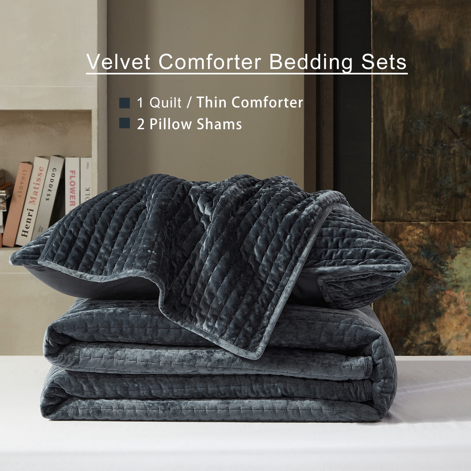 Luxury Velvet Quilt Set California King Size 106''x118'', Soft Striped Channel Comforter with Exquisite Rice Stitch Detailing, Lightweight All-Season Bedspread Coverlet w/ 2 Shams, Navy Blue